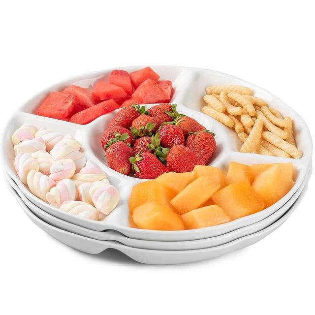 DELLING Porcelain Divided Serving Platter, 12 Inch Chip and Dip Serving Tray, 5-Section Compartment Platter - Snack, Fruit, Veggie Tray for Party & Entertaining, White - Set of 3