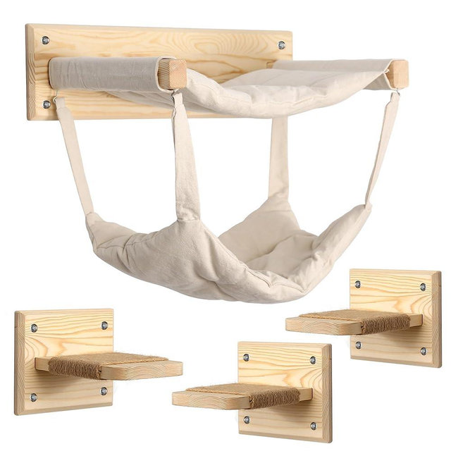 Luxury Wooden Cat Furniture with Double Hammock & Steps | Stylish Modern Hammock | Multi-Level Wall Furniture with Sisal | Premium cat Bed | cat Shelves for Wall | Wall Mounted cat Furniture