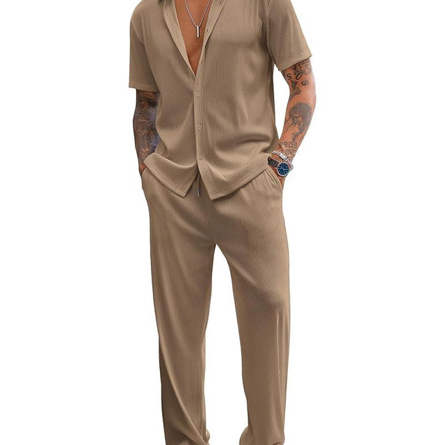 COOFANDY Men's 2 Piece Outfit Casual Short Sleeve Button Down Shirt Beach Summer Loose Pant Sets