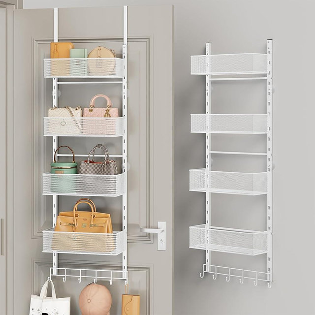 SWTYMIKI Over The Door Purse Organizer - Wall Mounted Purse Rack with 4 Adjustable Metal Basket and 6 Hooks, Hanging Bag Rack for Handbag Organizer, Bag Storage Can Use As 1/2 Part, for Door, Closet