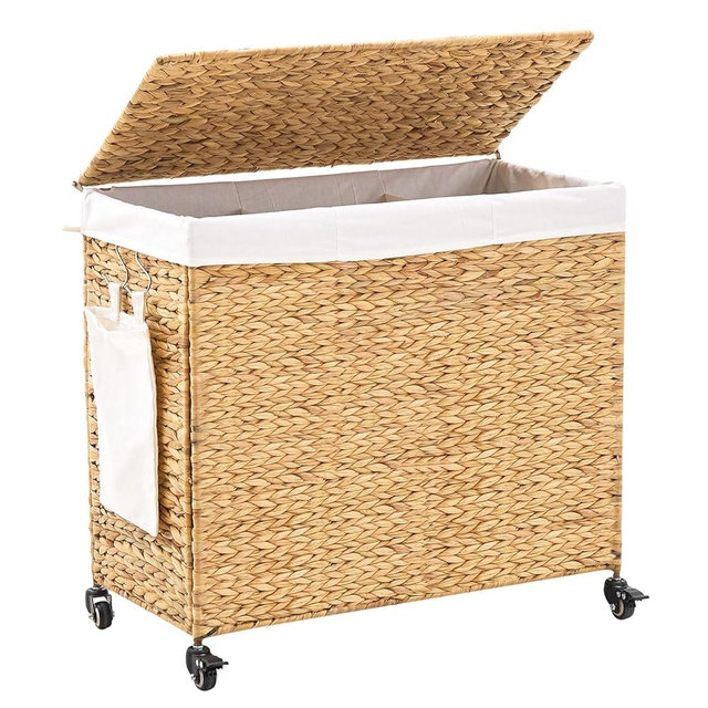LGENHOOM Handwoven Hamper with Lid, Laundry Basket with Wheels, Machine Washable Liner, 3 Section Clothes Hamper for Bathroom Laundry Room Bedroom(Natural, 165L)