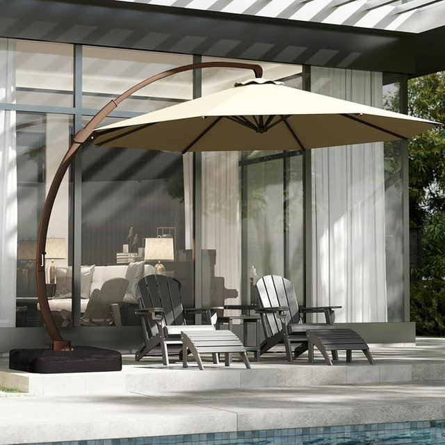GREENVINES 11-FT-Patio-Offset-Cantilever-Umbrella | Outdoor Large Umbrellas with Base | Aluminum Ribs | Heavy Duty | Curvy | 360°Rotation | for Pool Garden Backyard Deck Lawn | Tan