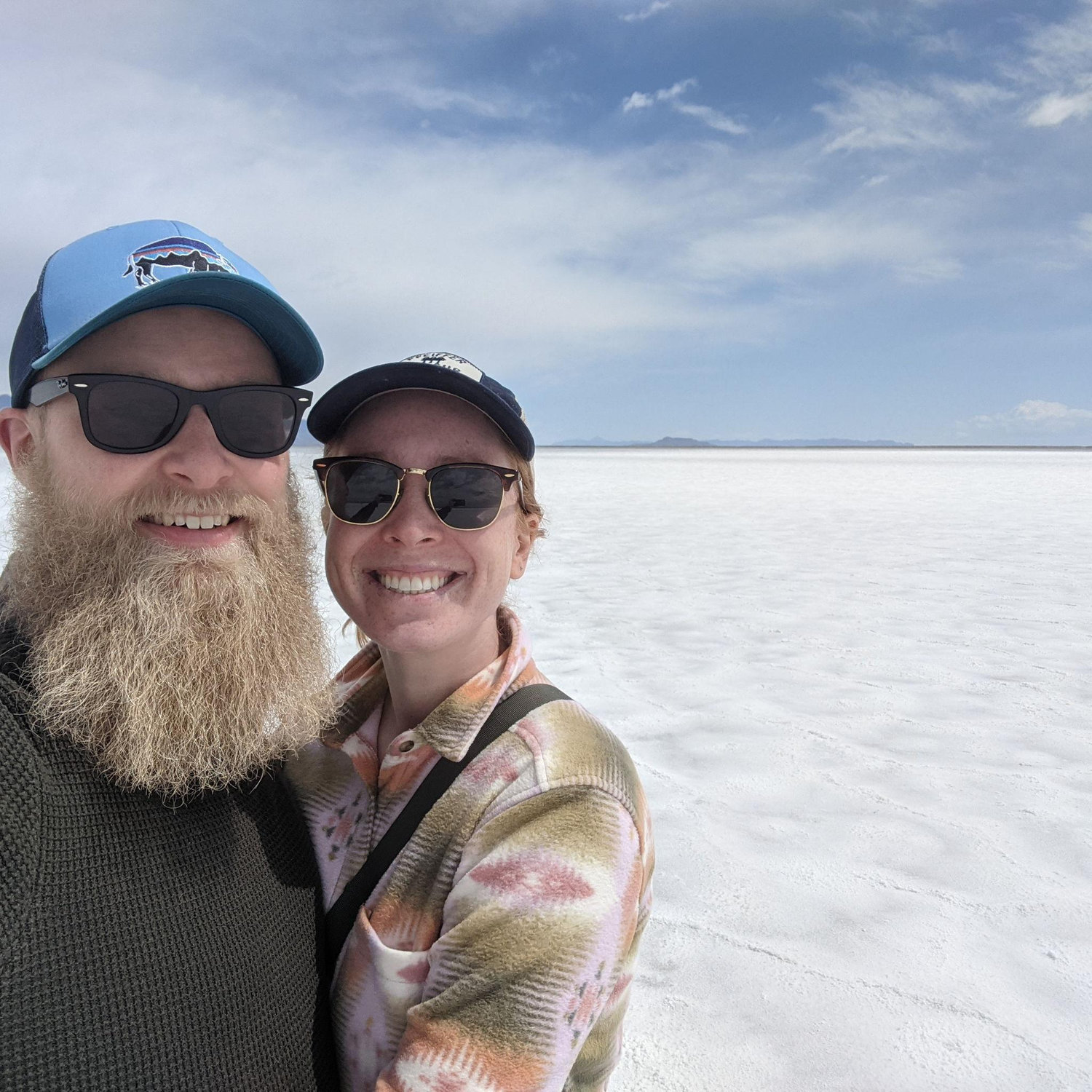 Visiting the salt flats in Utah. Danielle advised PC not to lick the ground too much.