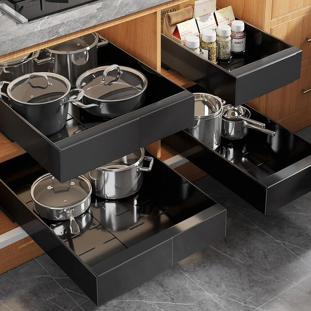 Seinloes 4 Pack Expandable Pull Out Cabinet Organizer 21" Deep With Raising Pad for Framed Cabinets,Upgrade 3 Slide Rails Slide Out Drawers,No Drill Roll Out Shelves,Adjustable Width 9"-14" Black