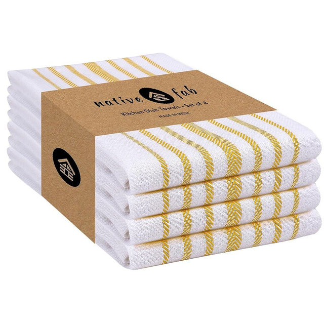 Native Fab Yellow Stripe Kitchen Dish Towels 16"x26" Set of 4 - Herringbone Weave Scandia Striped 100% Cotton Dish Cloths for Washing Dishes, Absorbent Hand Towels - Yellow White