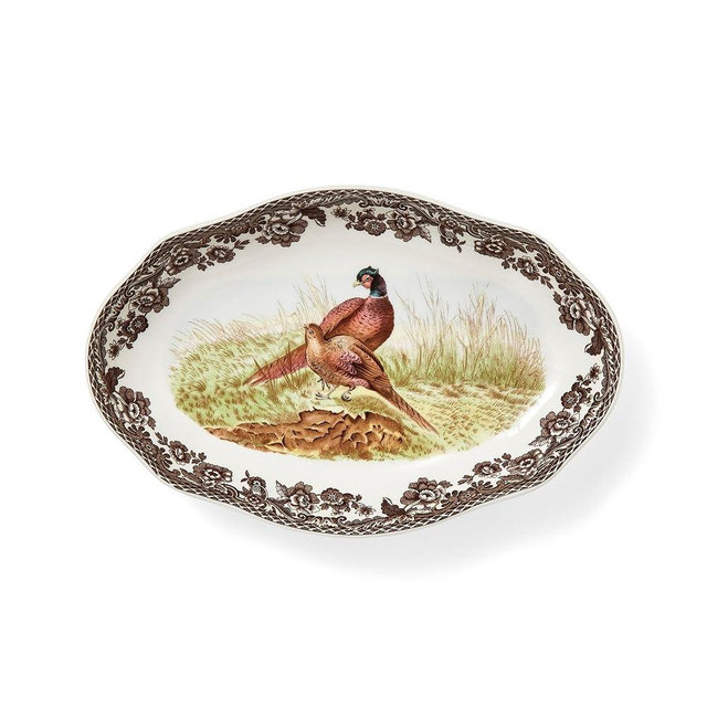 Spode Woodland Pheasant Pickle Dish - 8.5" Porcelain Tray with British Flowers Border & Scalloped Edge, Microwave, Dishwasher, Oven & Freezer Safe - Rustic Serveware for Appetizers & Sides