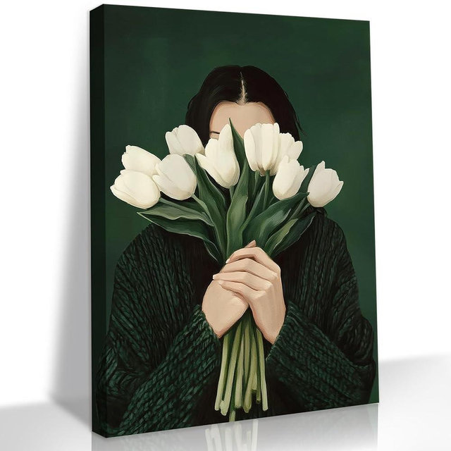 LSXARTQQ Vintage Emerald Green Abstract Woman Wall Art Funky Feminine Girl Aesthetic Canvas Wall Decor Person Holding White Tulips Picture Print Eclectic Bedroom Living Room Painting(16x24inch)