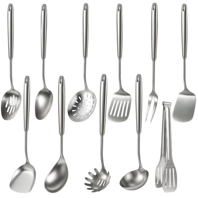 Newness 11 Pcs Cooking Utensils Set, 304 Stainless Steel Kitchen Utensils Set, Metal Kitchen Accessories, Include Soup Ladle, Slotted Skimmer Spoon, Spaghetti Spoon and Spatula, Dishwasher Safe