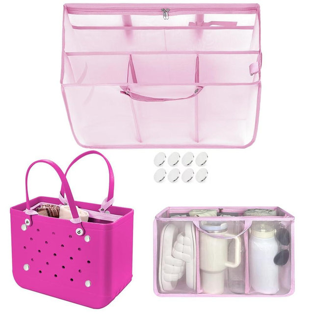 XYFuuee Beach Bag Organizer Inserts for Original Large Bogg Bag Accessories with 8 Removable Metal Fasteners, Lightweight Mesh Insert Divider Pouch, Organizing Rubber Tote, Save Space, Pink XL