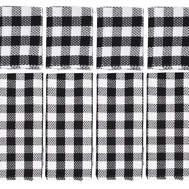 fillURbasket Buffalo Plaid Black Kitchen Towels and Dishcloths Set Check Dish Towels with Dishcloths for Washing Drying Dishes 100% Cotton 15”x 25” 8 Piece Kitchen Set