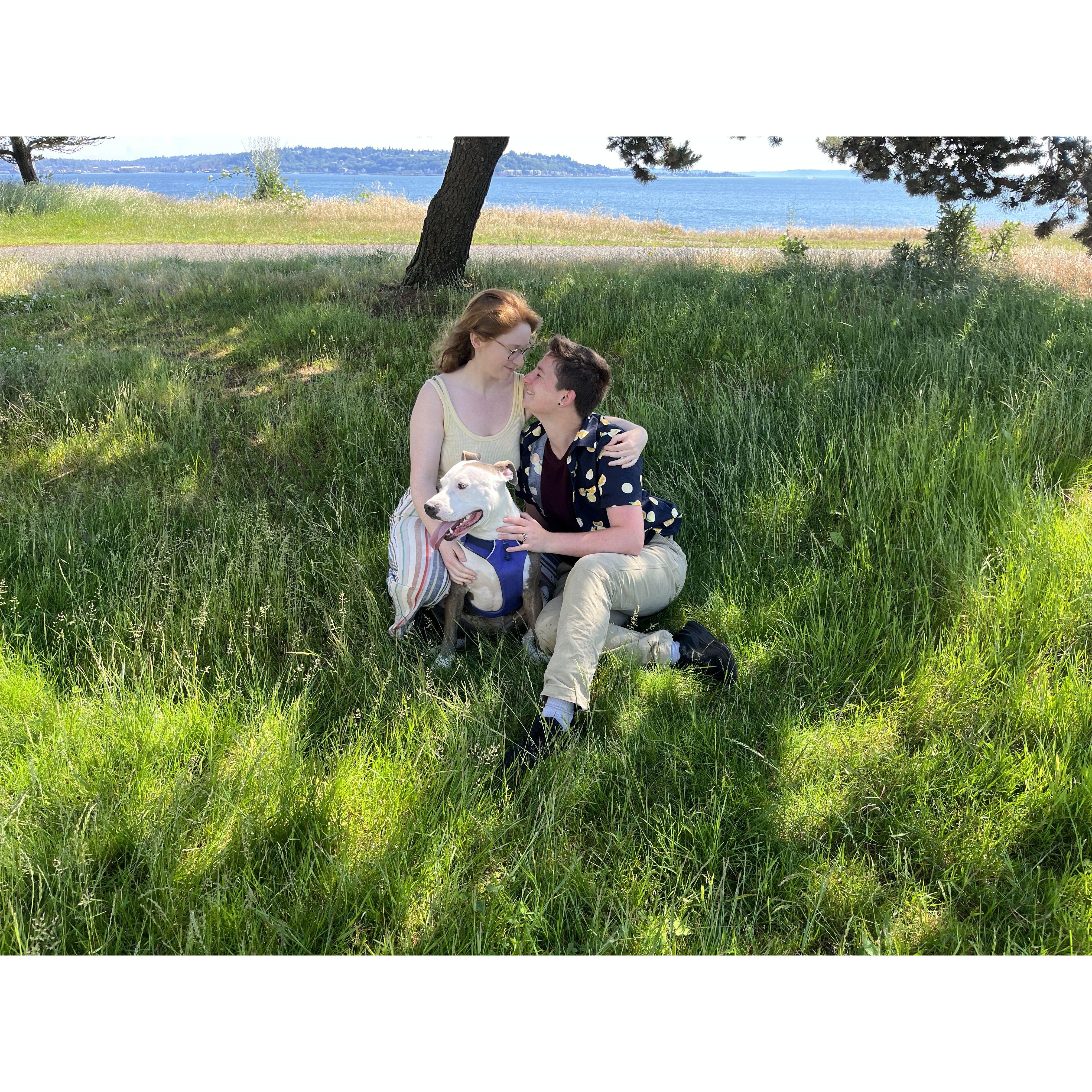 Hannah proposed to Casper on Pride weekend in Seattle, on a bridge overlooking this spot. This is the park where we took walks during COVID, early in our relationship.