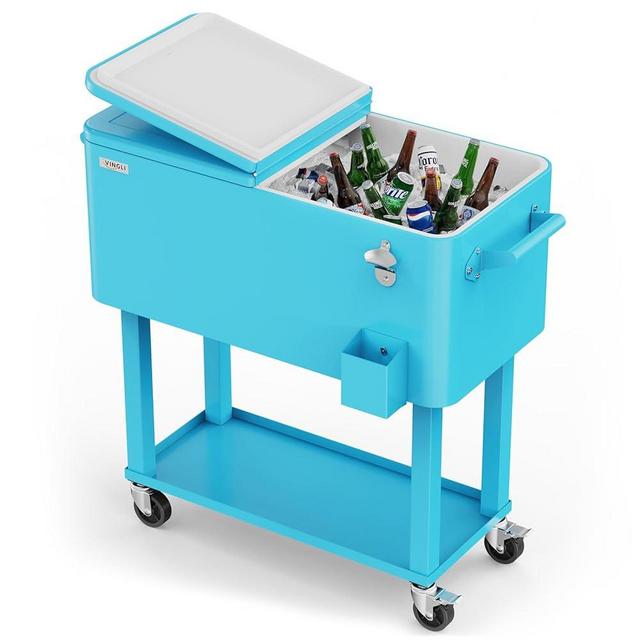 VINGLI 80 Quart Rolling Cart on Wheels, Portable Bar Drink Cooler, Beverage for Patio Pool Party, Ice Chest with Shelf,Bottle Opener,Water Pipe