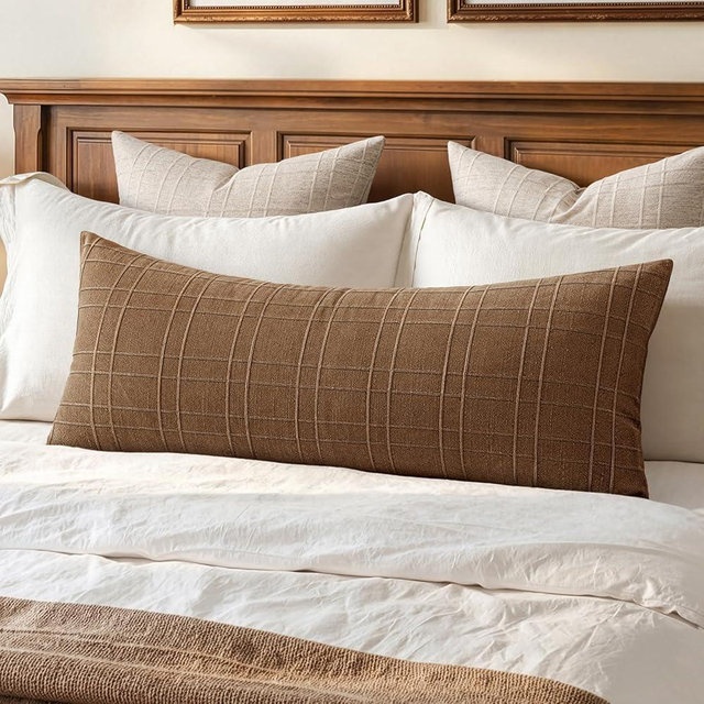 MIULEE Long Lumbar Throw Pillow Cover 14x36 Soft Linen Check Decorative Pillowcase Pack of 1 Vintage Farmhouse Textured Accent Cushion Cover for Sofa Couch Bedroom Living Room, Camel Brown