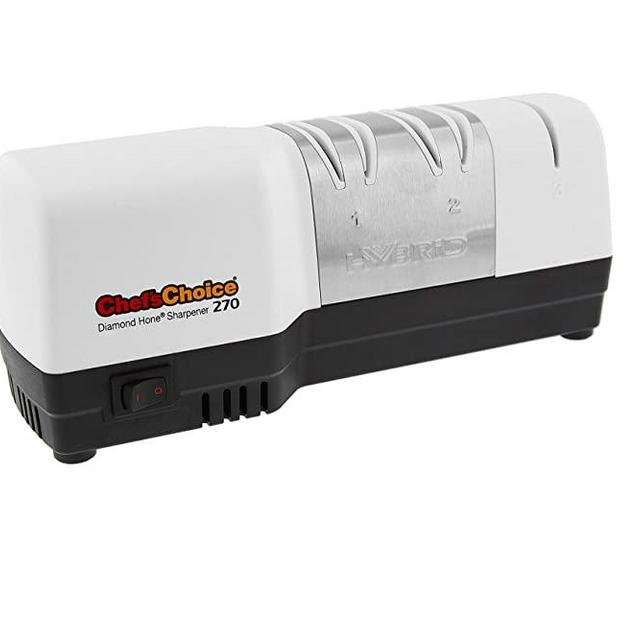 Chef'sChoice 270 Hybrid Diamond Hone Knife Sharpener Combines Electric and Manual Sharpening for Straight and Serrated 20-Degree Knives Made in USA, 3-Stage, White