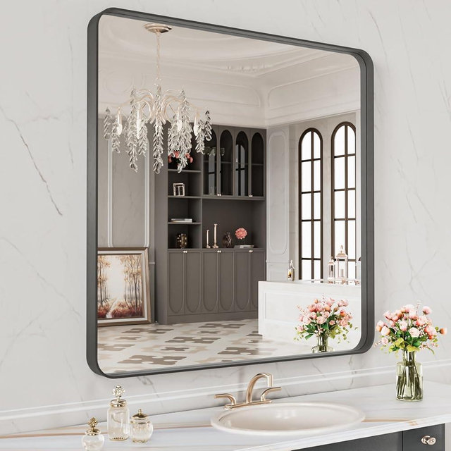LOAAO 32X32 Inch Black Metal Framed Bathroom Mirror for Wall, Matte Black Bathroom Vanity Mirror Farmhouse, Anti-Rust, Tempered Glass, Hangs Horizontally or Vertically