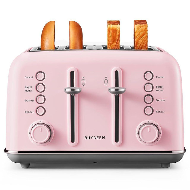 BUYDEEM DT640 4-Slice Toaster, Extra Wide Slots, Retro Stainless Steel with High Lift Lever, Bagel and Muffin Function, Removal Crumb Tray, 7-Shade Settings,Pink