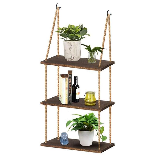 TJ.MOREE Wall Hanging Rope Shelf Wood Hanging Plant Shelves, 3 Tier Window Shelf Home Decor Storage Shelves for Interior Window/Kitchen/Bathroom/Bedroom (Dark Brown)