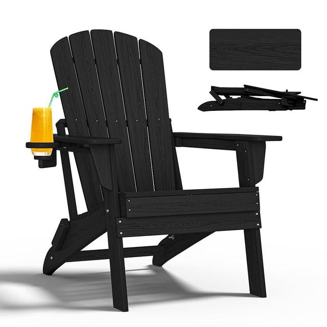 nevilywood Folding Adirondack Chair, Ergonomic Extended Backrest, HDPE All-Weather, 400lbs Capacity, Maintenance-Free, Cup Holder, （Black）- Outdoor Patio & Firepit Chair