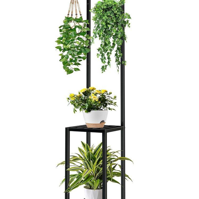 LLAXERGU Plant Stand Indoor Outdoor, 65" Tall Plant Stand Outdoor 3 Tiered Hanging Plant Shelf Heavy Duty Flower Stand Multiple Plant Metal Display Rack for Living Room Garden Balcony