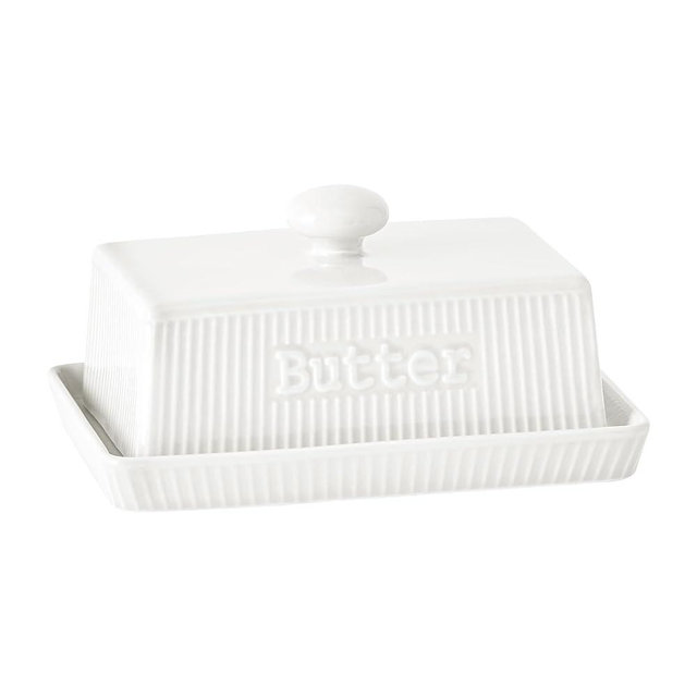 Large Butter Dish with Lid, Ceramic Butter Holder with Knob Handle, Striped Butter Keeper, Porcelain Butter Tray Butter Container for East & West Coast Butter, Farmhouse Kitchen Decor, White