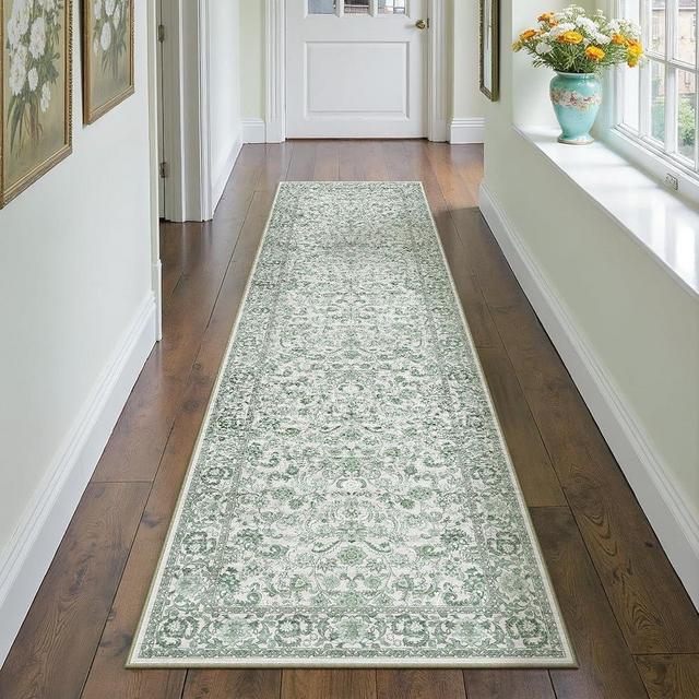 HUGEAR 2x8 Runner Rug Hallway Machine Washable Green Vintage Floral Low Pile Carpet Distressed Long Throw Rug Bedroom Office Bathroom Kitchen Laundry Non Slip Soft Lightweight