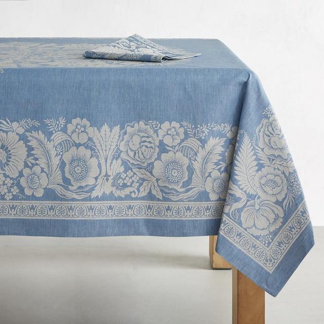 Vintage Floral Jacquard Tablecloth, 70" X 144", Blue