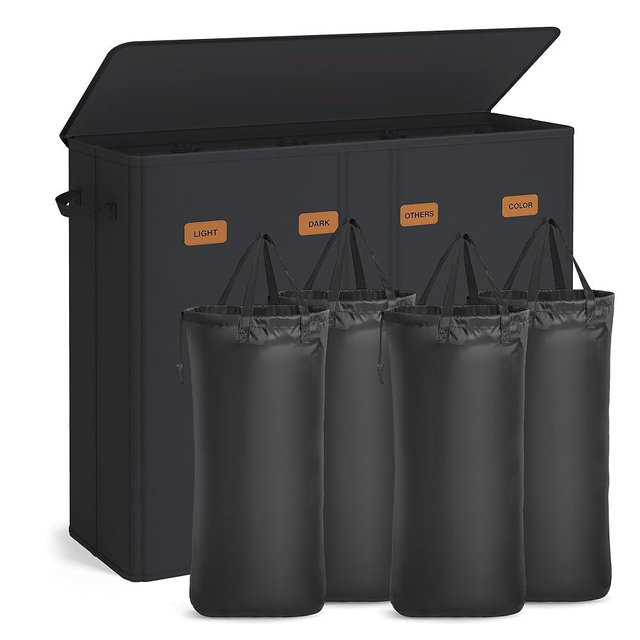 SONGMICS 55.4 Gallon (210 L) Laundry Hamper, 4-Compartment Laundry Basket Sorter with Lid, Labels, Removable Liner Bags, for Bedroom, Ink Black URLH014B01