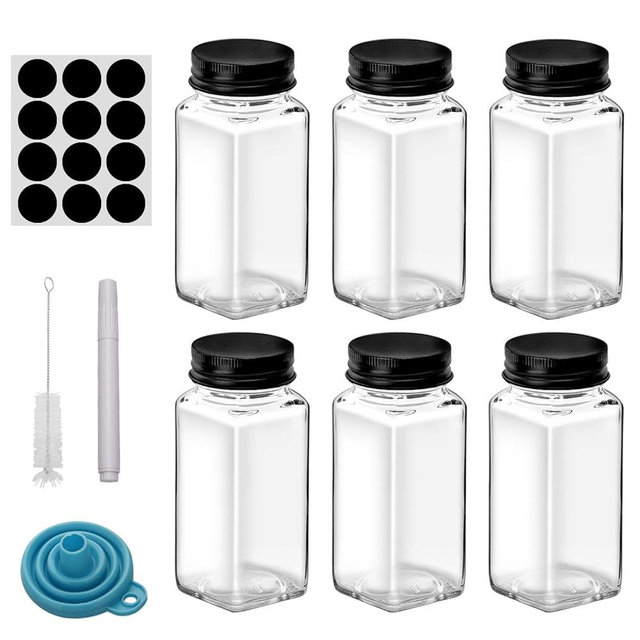 6Pcs 4oz Glass Spice Jars with Shaker Lids, Spice Jars Trial Set & Supplement Set, Empty Spice Containers and Square Spice Bottles for Kitchen (black iron Lids)