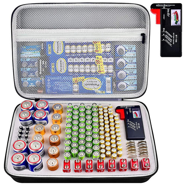 Battery Organizer, Batteries Storage Case with Tester, Containers Box Holder Bag fits for AA AAA AAAA 9V C D Lithium 3V(Not Includes Batteries)