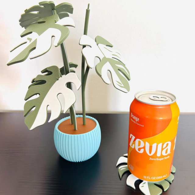 Monstera Plant Coaster Set, Choice of Leaf and Pot Color, Modern Plant Decor w/ 6 Coasters, Disguised Functional Home Decor, Great for Desks