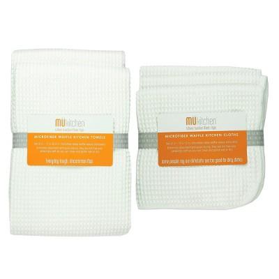 Set of 5 Ultra Absorbent Microfiber Waffle Kitchen Towel And Dish Cloth Set White - Mu Kitchen