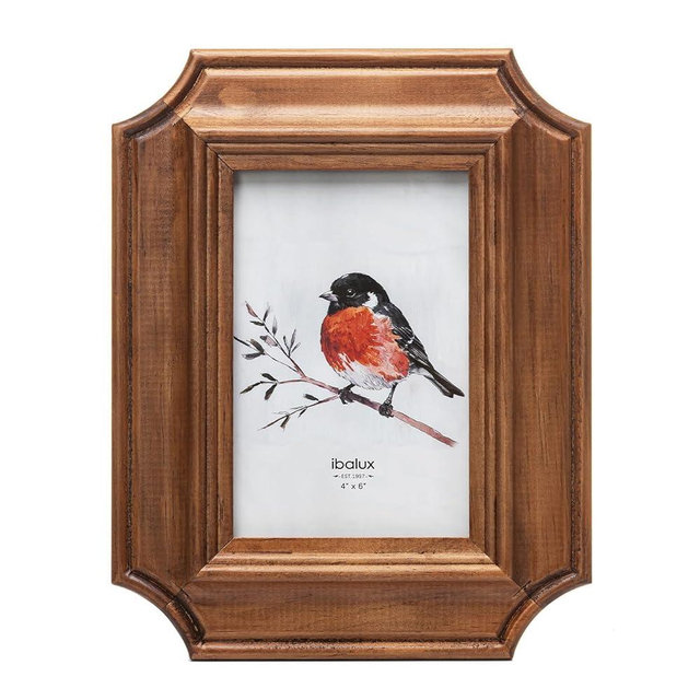 ibalux 4x6 Octagonal Picture Frame, Walnut-Colored Pine Wood with Real Glass, Vertical and Horizontal for Tabletop or Wall Hanging Display Photo Frame