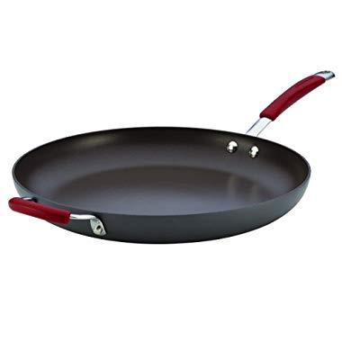 Rachael Ray 87631-T Cucina Hard Anodized Nonstick Frying Pan / Fry Pan / Hard Anodized Skillet with Helper Handle - 14 Inch, Gray with Red Handles