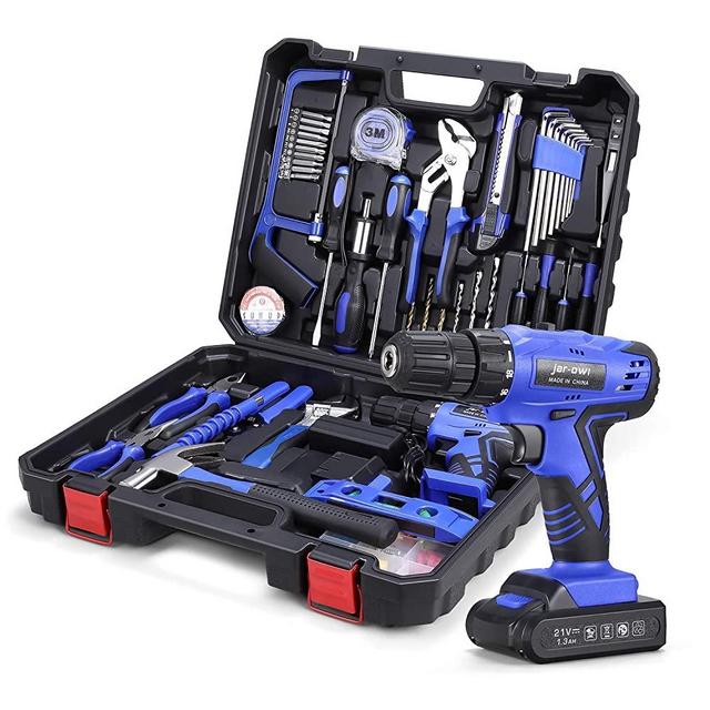 112 Piece Power Tool Combo Kits with 21V Cordless Drill, Professional Household Tools Set with DIY Hand Tool Kits for Garden Office Home Repair Maintain-Blue
