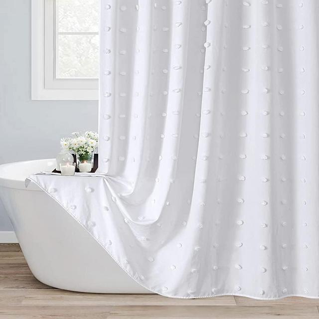 MitoVilla White Boho Shower Curtain Set, Modern Farmhouse Fabric Shower Curtain, Cute Simple Tufted Pleat Floral Shower Curtains for Rustic Vintage Bathroom Decor, 72 x 72