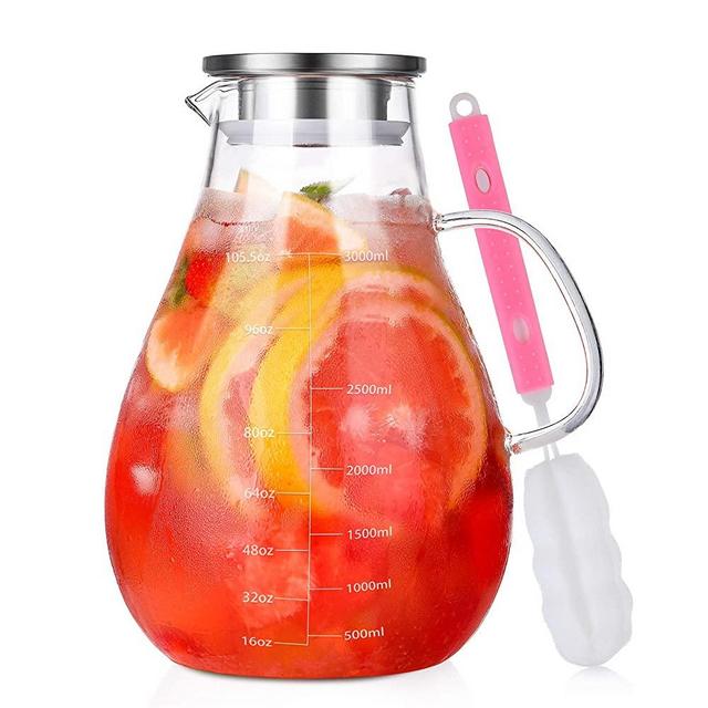 Glass Pitcher, 105oz Glass Pitcher with Lid and Precise Scale Line, BEYONDA 18/8 Stainless Steel Iced Tea Pitcher, Easy Clean Heat Resistant Borosilicate Glass Jug for Juice, Milk, Cold&Hot Beverages