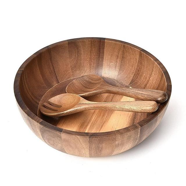 BILL.F Wooden Salad Bowl, 12‘’ Acacia Wood Salad Bowls Set Large Salad Mixing Bowl with Servers