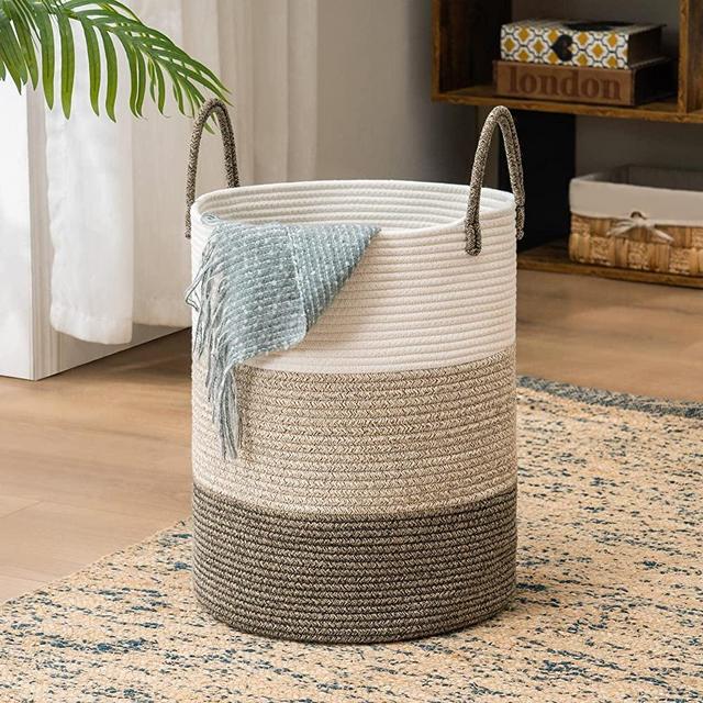 YOUDENOVA Woven Rope Laundry Hamper with Handles, Tall Laundry Basket for Blanket Storage, Heavy Duty Clothes Hamper for Bedroom-58L-Large-Brown