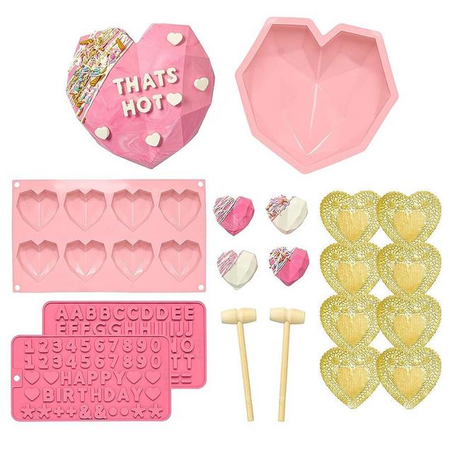 Paris Hilton Breakable Chocolate Heart Kit, Includes Big and Small Heart Shaped Molds, Number, Character and Letter Molds, Mini Wooden Hammers, Candy Making Set, Pink