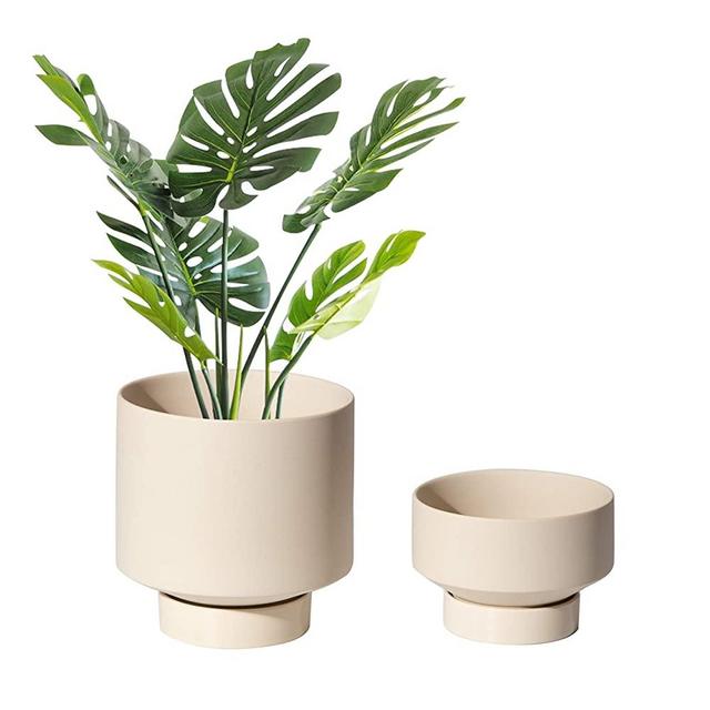 Ceramic Succulents Plant Pot Planter 5.43 Inches and 4.61 Inches Flower Pot with Drainage Hole and Saucer Pots for Plants Indoor Beige Pack 2 UBEE