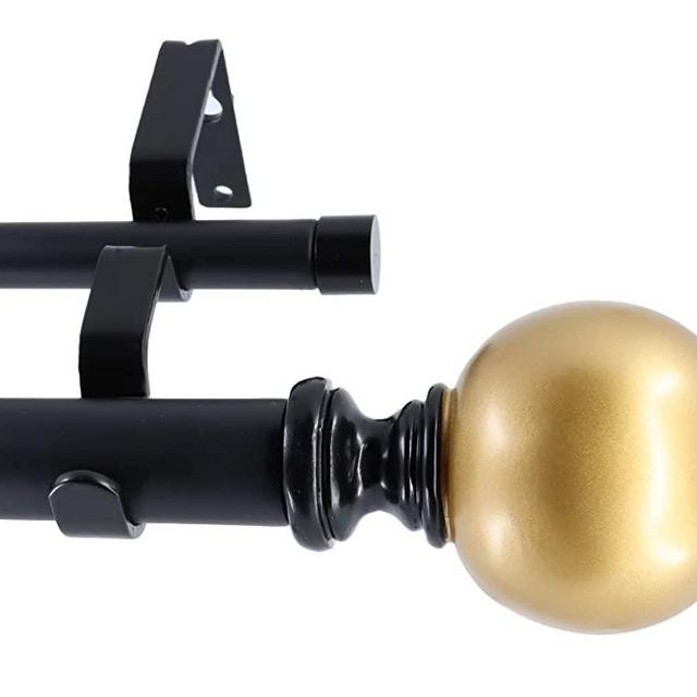 MERIVILLE 1-Inch Diameter Double Window Treatment Curtain Rod, Gold Ball Finial (84"-120", Black with Gold Finial)