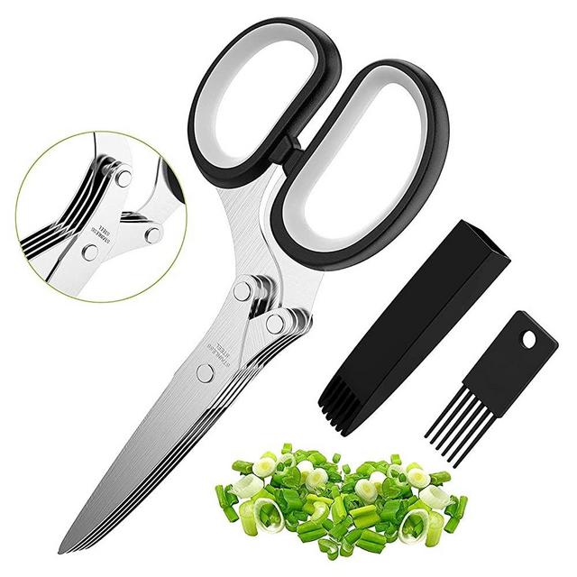 Herb Scissors Set - Multipurpose Cutting Shears with 5 Stainless Steel Blades - Ideal for Cutting Food, Vegetables, Paper, Basil, Parsley, Cilantro - Sharp and Easy to Use - Dishwasher Safe, Black