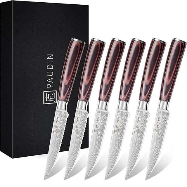 PAUDIN Steak Knives Set of 6, Kitchen Steak Knife 4.5 Inch, High Carbon German Stainless Stain Steak Knives, Serrated Steak Knife with Pakkawood Handles, Dinner Knives with Gift Box