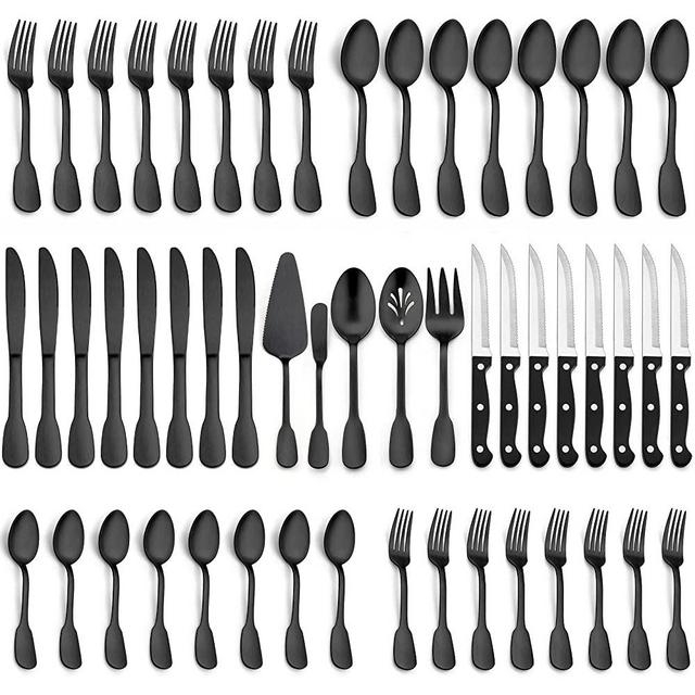LIANYU 41-Piece Matte Black Silverware Flatware Set for 6, Plus Steak Knives and Serving Utensils, Stainless Steel Flatware Cutlery Set, Eating Utensils Tableware, Satin Finish, Dishwasher Safe