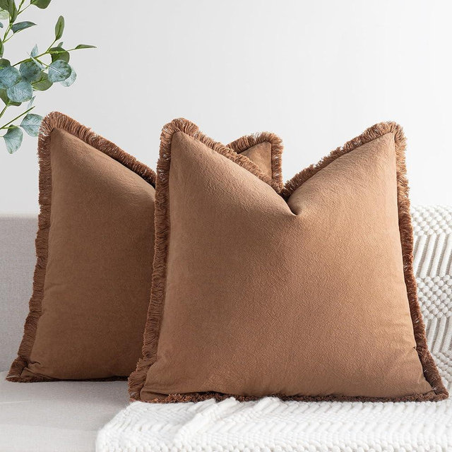 ZWJD Pillow Covers 18x18 Set of 2 Camel Throw Pillow Covers with Fringe Chic Cotton Decorative Pillows Square Cushion Covers for Sofa Couch Bed Living Room Farmhouse Boho Decor