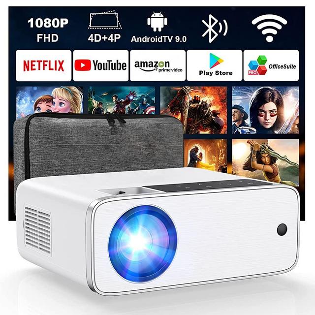 GROVIEW Smart Projector 4K Supported - 9500 Lux 1080P FHD Outdoor Movie Projector with WiFi Bluetooth, APP Control, 4D Correction, AndroidTV 9.0, Office-Software, Portable Projector for Home Theater