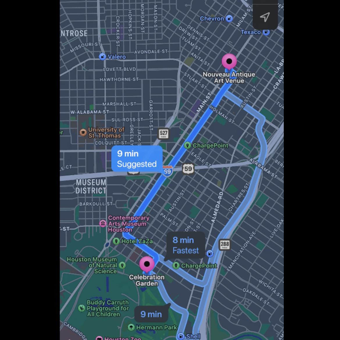 Travel time peak traffic from ceremony (celebration garden) to reception venue (nouveau antique art bar).