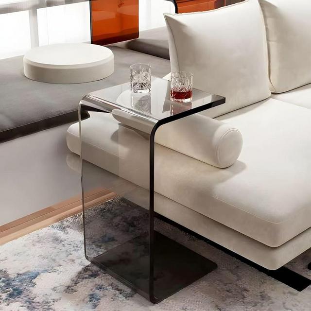 LAKIQ Transparent Acrylic Accent Side Table C Shaped Modern End Table Snack Table Slide Under Rectangular Certer Coffee Table for Living Room(Grey, 12" L x 12" W x 25.5" H)