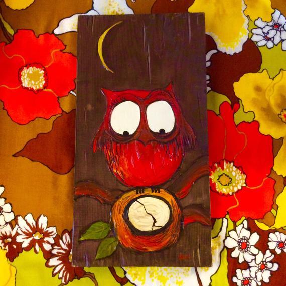Vintage 1960s MOTHER OWL Groovy Wood Wall Art- Irwin