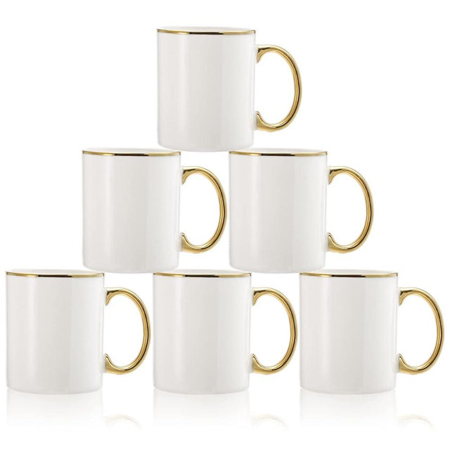 Fasmov 6 Pack Coffee Mugs, 11oz Ceramic Mug set Ceramic Cups for Coffee, latte, Cappuccino, Tea, Cocoa, Cereal, Hot Chocolate, Dishwasher Safe, White/Gold